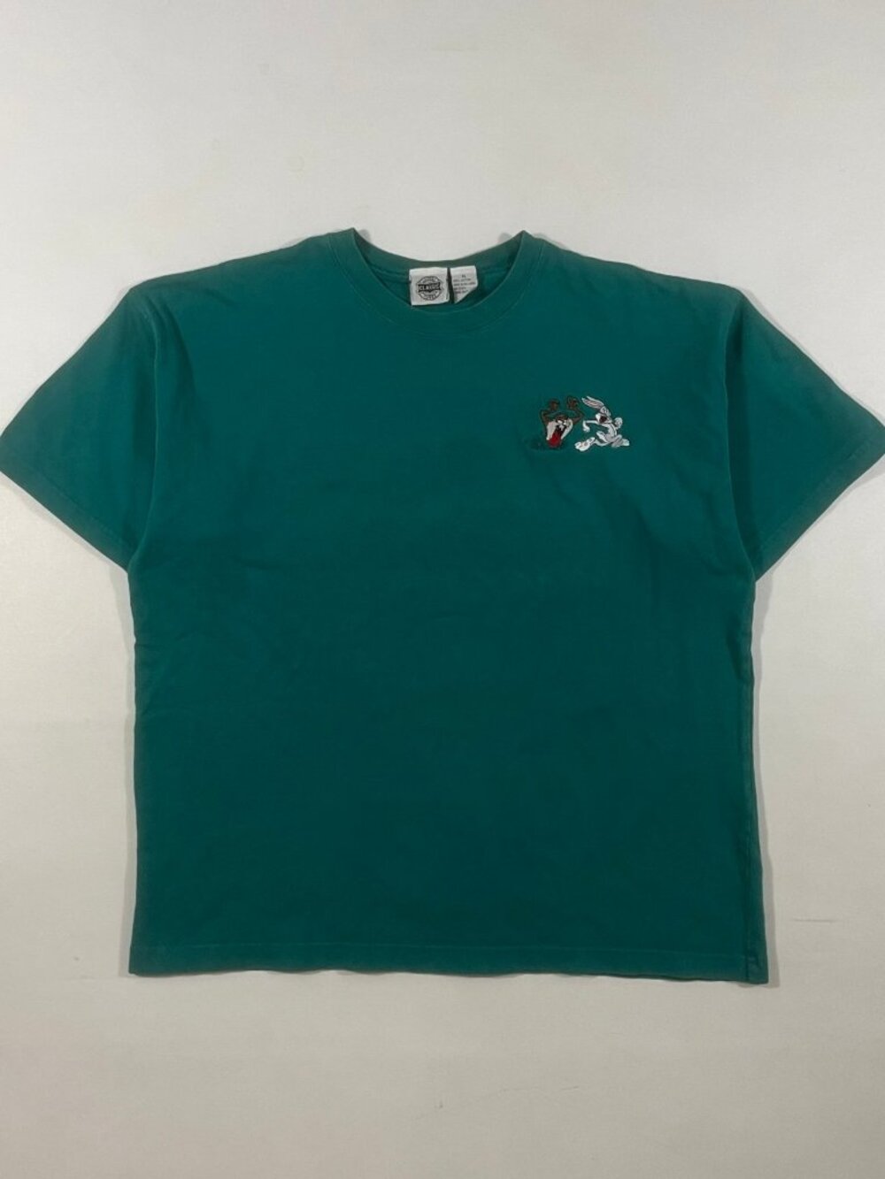 Vintage 90s Looney Tunes Classic Taz Bugs Bunny Embroidered Green Tee XL